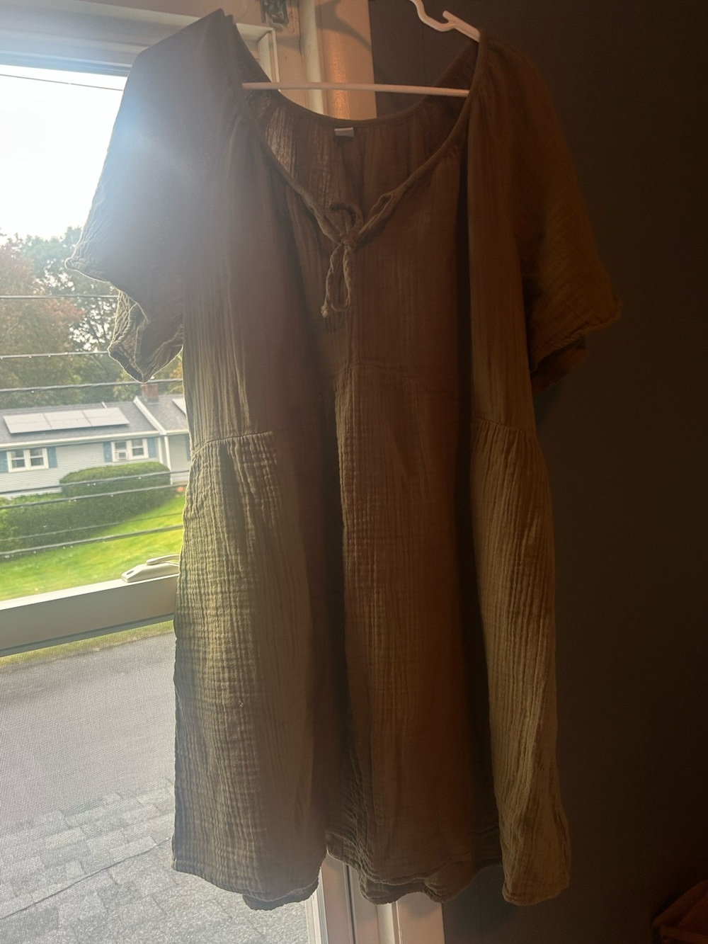Old Navy Olive Midi Gauze Dress with Tie Neck